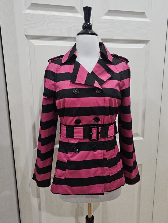 Cynthia Rowley Jackets & Blazers - Cynthia Rowley Black Pink Striped Double Bressted Button Rain Jacket Coat Trench
